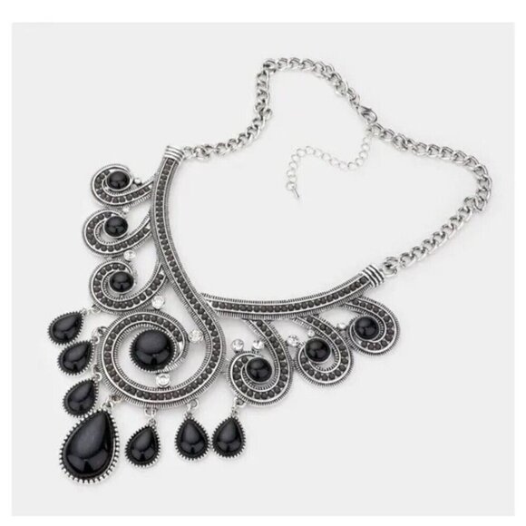 Bohemian necklace chunky black bead large statement necklace set & earrings boho - Picture 2 of 2